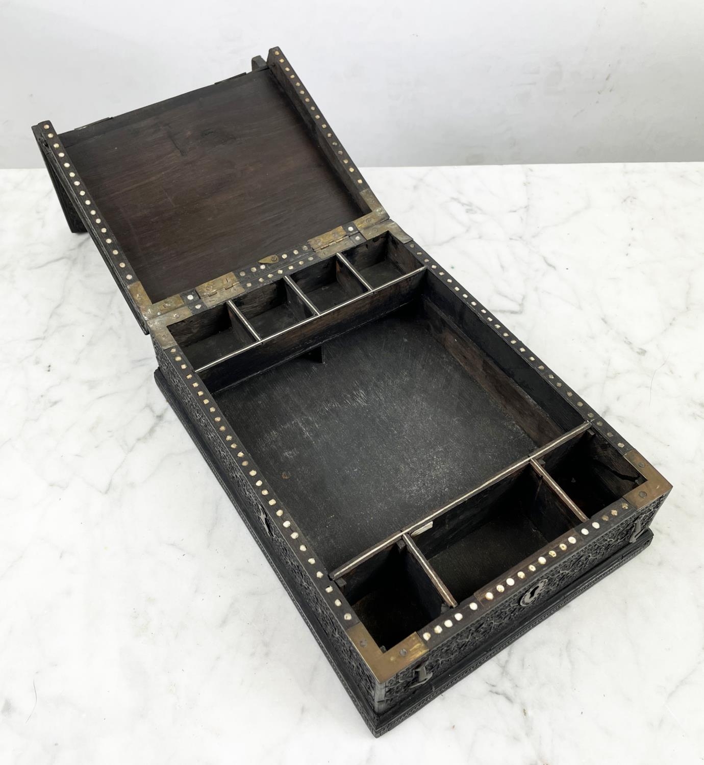 JEWELLERY BOX, 19th century Anglo-Indian ornately carved ebony with hinged lid and fitted - Image 4 of 8