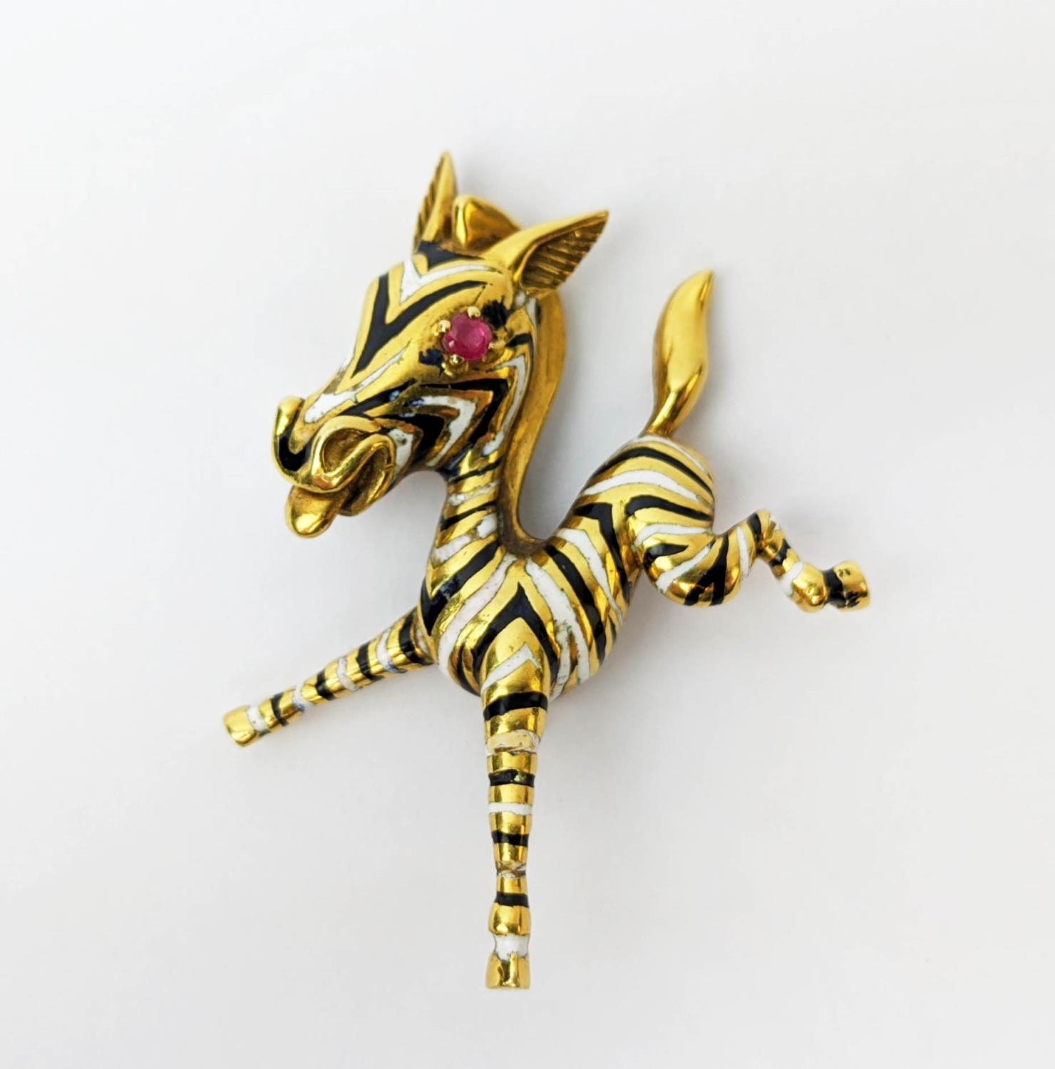 AN 18CT GOLD FAWN BROOCH, enamelled body, set with a ruby eye, 20.66 grams. - Image 2 of 8