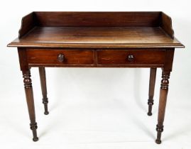 WRITING TABLE, 91cm H x 112cm W x 52cm D, Victorian mahogany with 3/4 gallery and two drawers.