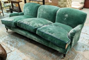 WILLIAM YEOWARD OLIVER SOFA, green velvet upholstered, blue piping detail, 240cm x 110cm x 84cm.