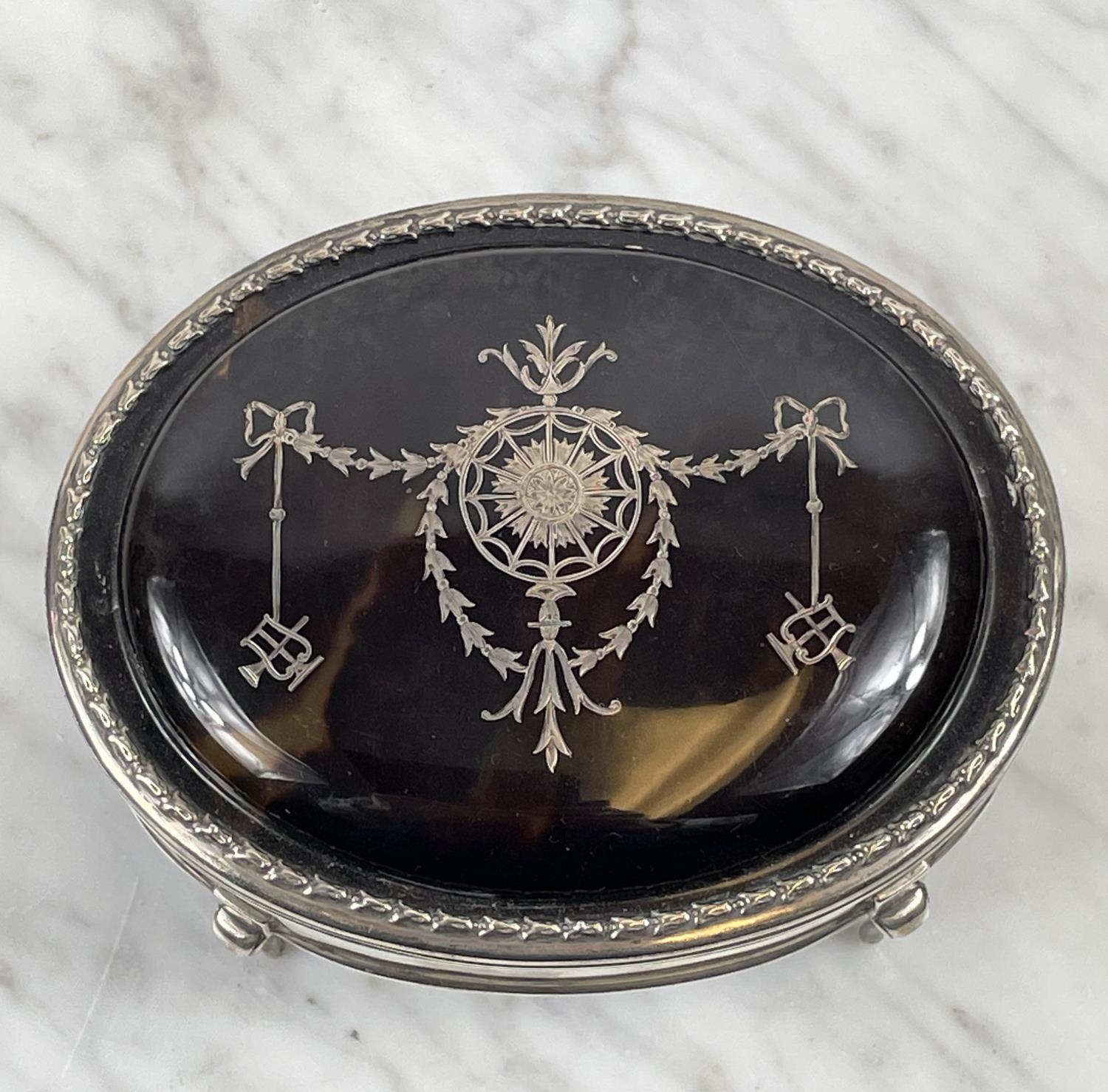 EDWARDIAN DRESSING TABLE BOXES, five various, four silver, tortoiseshell and silver pique work all - Image 6 of 10