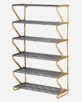 SHOE RACK, 132cm high, 83cm wide, 35cm deep, six tier form, gilt metal supports, rodded shelves.