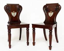 HALL CHAIRS, a pair, 19th century mahogany with scroll and shield backs, coat of arms and facetted