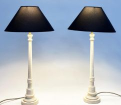 PORTA ROMANA COLUMN LAMPS, a pair, turned graduated grey painted with shades by Porta Romana, 70cm