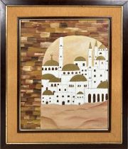 EL HUSSEINI FAWZI, 'Mosque from an archway', oil on canvas, 50cm x 40cm, signed and dated, framed.