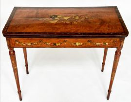 SATINWOOD CARD TABLE, George III period satinwood and rosewood crossbanded of D foldover form,