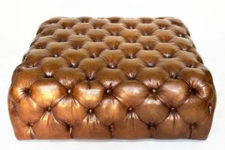 CENTRE STOOL, mid brown deep buttoned leather upholstered of square form, 100cm x 1004cm x 40cm H.