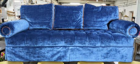WILLIAM YEOWARD KING SOFA, blue velvet upholstered, orange detailing, 240cm x 100cm x 90cm.