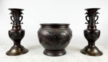 JAPANESE BRONZE MEIJI STYLE VASES, and Jardiniere with bird, dragon and foliate decoration, 38cm