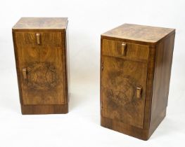 BEDSIDE CABINETS, 66cm H x 36cm W x 37cm D, a pair, Art Deco walnut, each with drawer and door. (2)