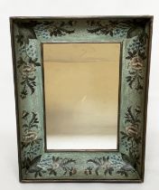 WALL MIRROR, vintage rectangular with hand floral painted blue cushion frame, 112cm x 87cm.