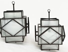HALL LANTERNS, a pair, Art Deco style, metal framed and frosted glass, 73cm H x 50cm W. (2)