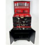 MAPPIN AND WEBB TALL CANTEEN OF CUTLERY, black chinoiserie case with rising top enclosing fitted
