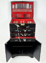 MAPPIN AND WEBB TALL CANTEEN OF CUTLERY, black chinoiserie case with rising top enclosing fitted