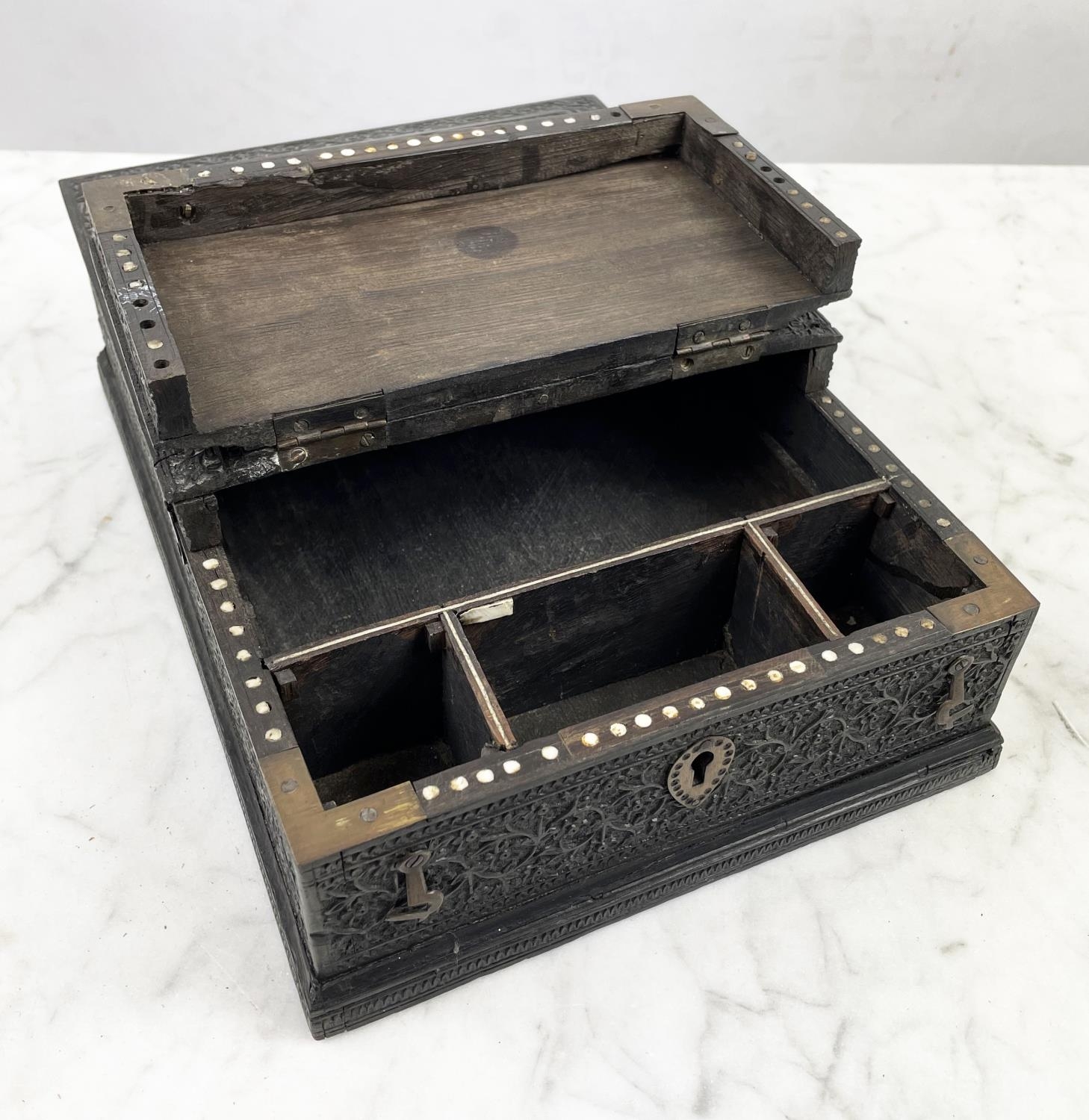 JEWELLERY BOX, 19th century Anglo-Indian ornately carved ebony with hinged lid and fitted - Image 5 of 8
