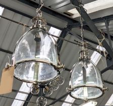 CEILING PENDANT LIGHTS, a pair, industrial inspired, glass and polished metal, 45cm drop not