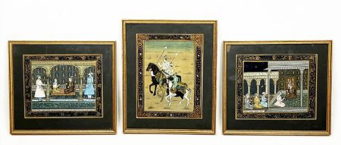 MUGHAL SCHOOL, three gouache on silk, including figures on horseback, 24cm x 19cm, and a pair of