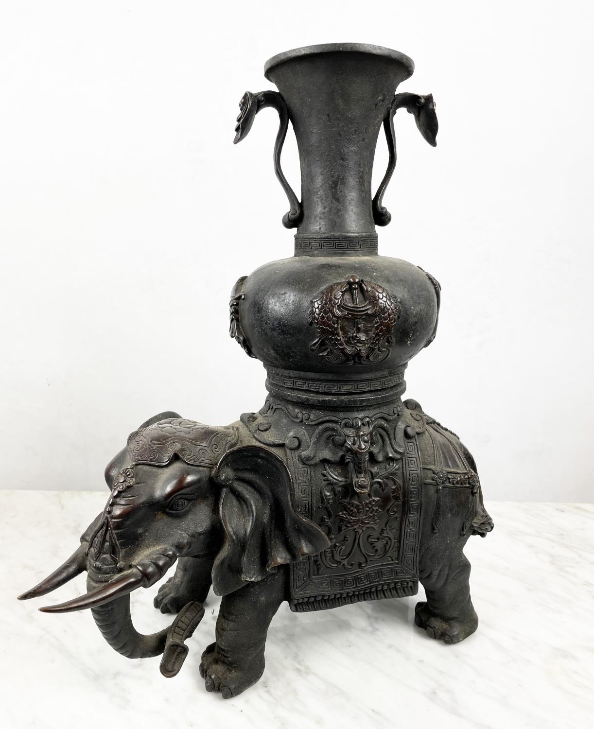 CAPARISONED CHINESE BRONZE ALTAR VASE ELEPHANTS, a pair, Qing style, 42cm H x 34cm W. (2) - Image 2 of 3