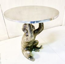 Monkey figural side table, 50cm high, 44cm diameter, circular top, silvered finish.