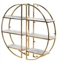 WALL MOUNTING ETAGERES, a pair, 90cm high, 50cm wide, 20cm deep, marble shelves, gilt finished metal