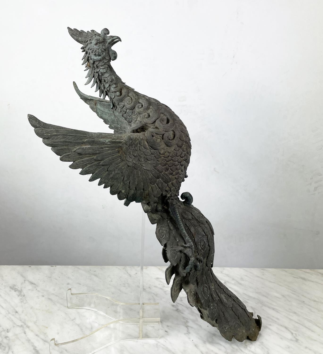 JAPANESE MEIJI BRONZE PHOENIXES, a pair, weathered, 65cm H. (2) - Image 2 of 9