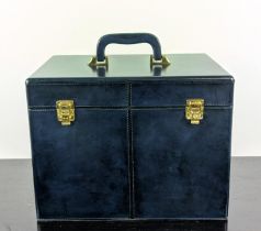 VANITY CASE, blue leathered exterior, mirror inside, 36cm x 27cm x 27cm.