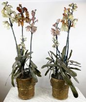 CHINESE SEMI-PRECIOUS STONE AND JADE TREES, a pair, in ornate gilt tubs, 115cm H. (2)