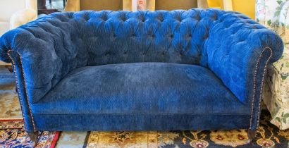 CHESTERFIELD SOFA, 76cm H x 175cm x 88cm, Edwardian in navy blue chenille.