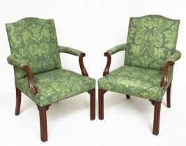 GAINSBOROUGH ARMCHAIRS, a pair, George III design with arched backs, scroll carved arms and brass