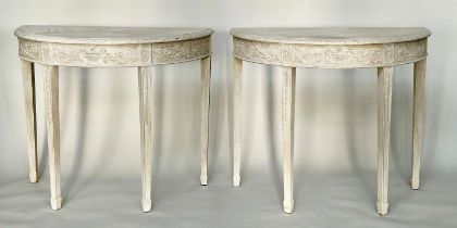 CONSOLE TABLES, a pair, George III design demi lune grey painted each with carved frieze and