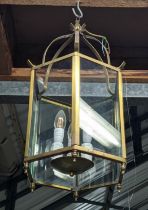 HALL LANTERN, gilt metal and glazed, three branch light, 65cm H. (faults to finish)