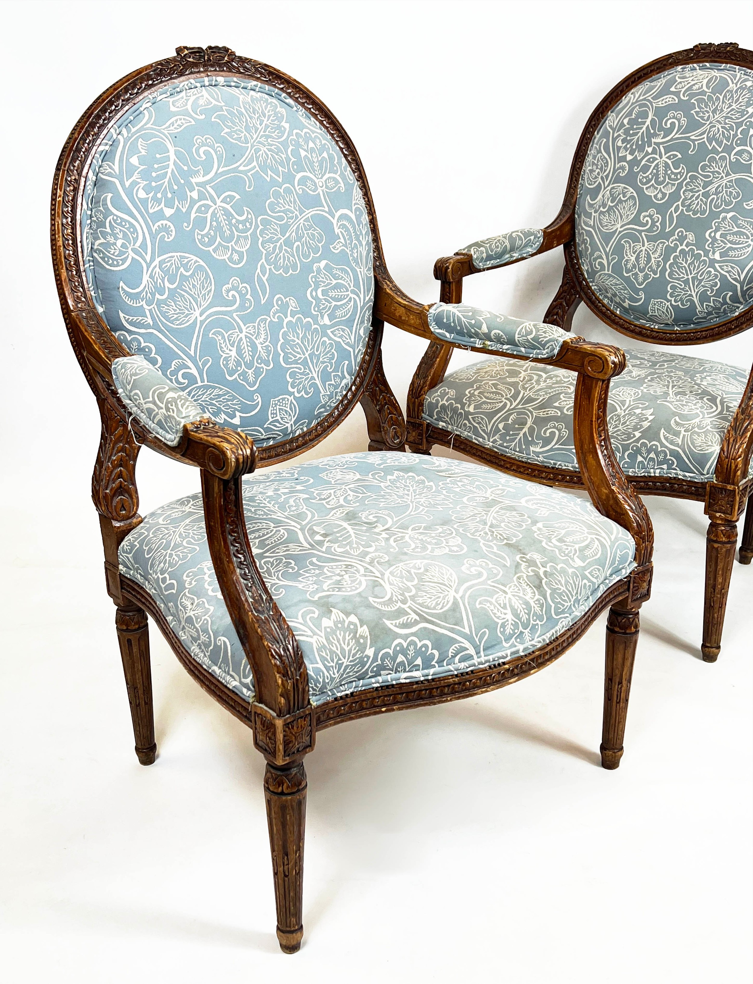 FAUTEUILS, 103cm H x 66cm, a pair, late 19th/early 20th century French beechwood in patterned blue - Image 2 of 4