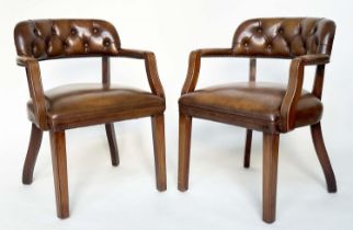 ARMCHAIRS, a pair, mahogany and deep buttoned mid brown natural leather upholstered with curved