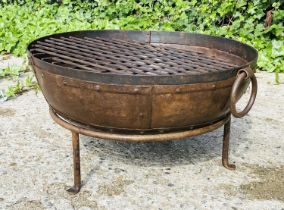 INDIAN STYLE KADAI FIRE PIT, on a stand, oxidised metal, 47cm high, 64cm wide, 60cm diameter.