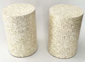 LAMP TABLE/COLUMNS, a pair, circular mother of pearl style tracery, 33cm x 50cm H. (2)