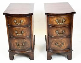 BOWFRONT BEDSIDE CHESTS, a pair, 65cm H x 35cm x 54cm, Georgian style mahogany each with three