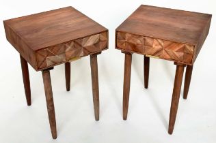 LAMP TABLES, 1970s style take each with facetted drawer and tapering supports, 40cm x 40cm x 60cm H.