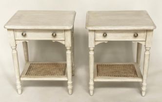 LAMP TABLES, a pair, 49cm x 38cm D x 62cm H, grey painted, each with drawer and cane panelled