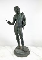 BRONZE STATUE OF NARCISSUS, after the ancient found in Pompeii excavations in a verdigris finish,