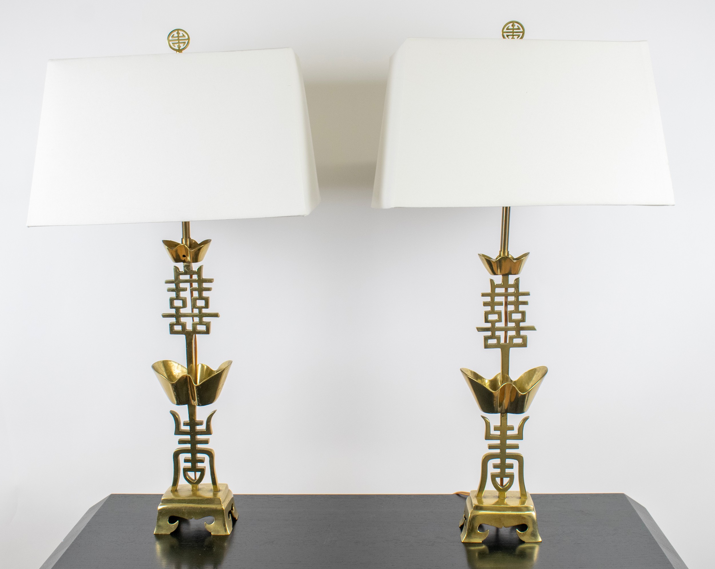 TABLE LAMPS, 81cm H x 41cm x 31cm, a pair, Asian brass including white shades. (2)