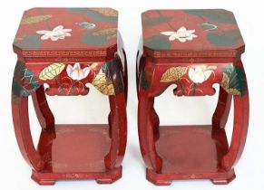 LAMP TABLES, a pair, Chinese scarlet lacquered with all over gilt and polychrome flower and birds,
