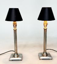 TABLE LAMPS, a pair, Georgian style silvered of column form with shades, 42cm H. (2)