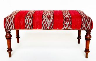 KELIM HEARTH STOOL, 19th century English walnut rectangular kelim upholstered and studded with