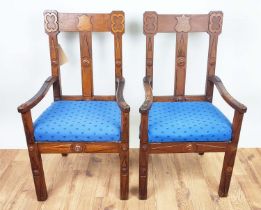 OPEN ARMCHAIRS, a pair, each 56cm x 102cm H, Victorian Gothic revival walnut with blue drop in