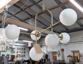 CEILING LIGHT, 1950's Italian style, gilt metal, six branch, glass ball shades, 115cm drop.