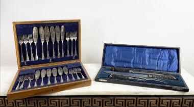 JAMES DEAKIN & SONS STAG ANTLER AND SILVER CARVING SET, and 12 pieces silver plate 1920's