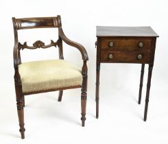 WORK TABLE, circa 1825, mahogany lidded top with dummy drawer front and single drawer below raised