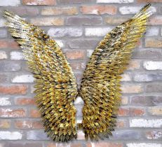 ANGEL WINGS, a pair, wall relief plaques, feathered textured gilt metal, 91cm x 100cm. (2)