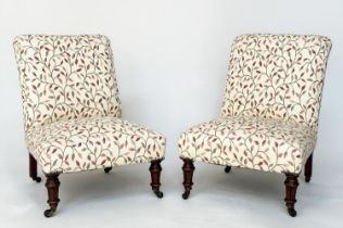 SLIPPER CHAIRS, a pair, Victorian walnut with foliate weave upholstery and turned tapering front