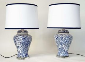 TABLE LAMPS, a pair, Chinese blue and white ceramic of lidded vase form, stylised foliage and lucite